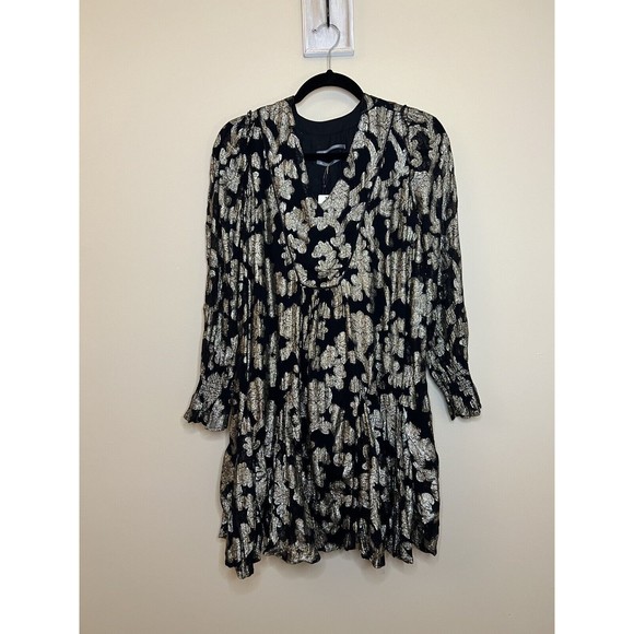Anthropologie Dresses & Skirts - NWT Anthropologie Black Gold Metallic Foil Long Sleeve Ruffle Tunic Dress Sz XS